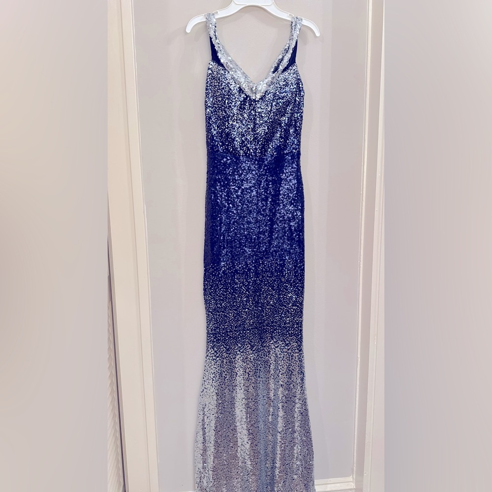 Navy blue and silver sequin off the shoulder evening gown - worn once